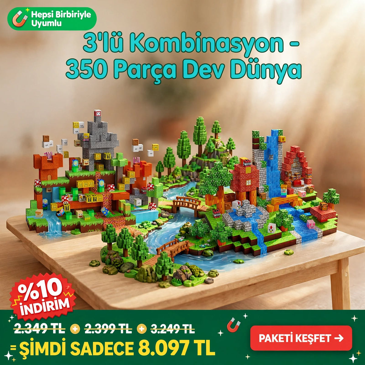 3’lü Kombinasyon Dev Paket – 350 Parça Manyetik Blok Seti | Rorotoys