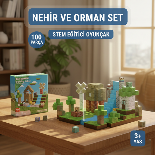 Nehir ve Orman Set - 100 Parça Minecraft Temalı Manyetik Bloklar - STEM Eğitici Oyuncak