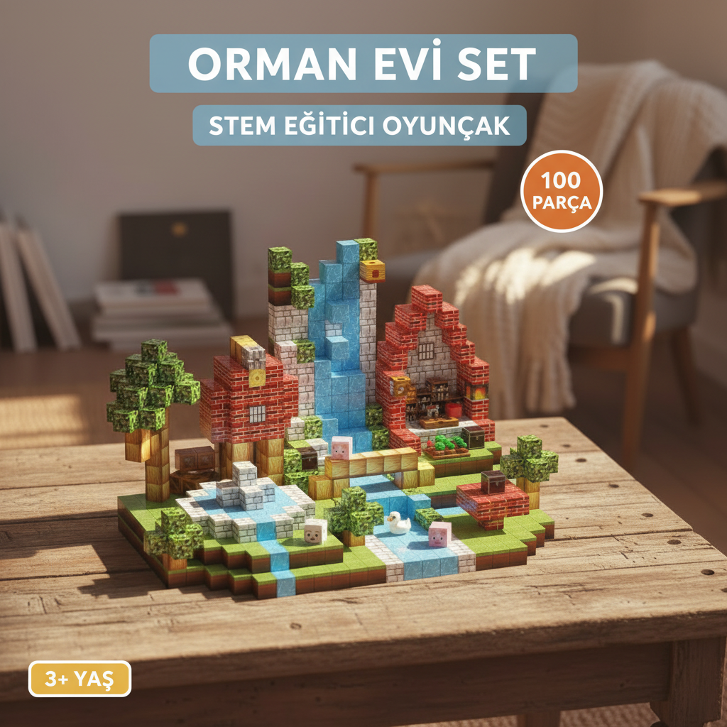Orman Evi Set - 100 Parça Minecraft Temalı Manyetik Bloklar - STEM Eğitici Oyuncak