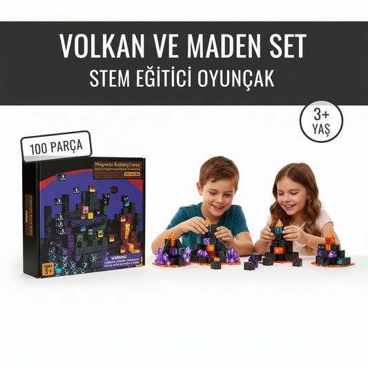 Volkan ve Maden Set - 100 Parça Minecraft Temalı Manyetik Bloklar - STEM Eğitici Oyuncak