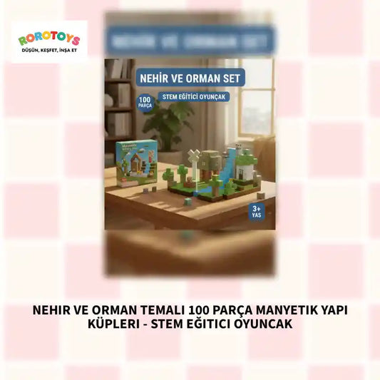 Nehir ve Orman Temalı 100 Par&ccedil;a Manyetik Yapı K&uuml;pleri - STEM Eğitici Oyuncak by@Outfy